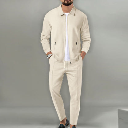 Beige waffle-knit zip jacket and drawstring pants set worn over a white T-shirt
