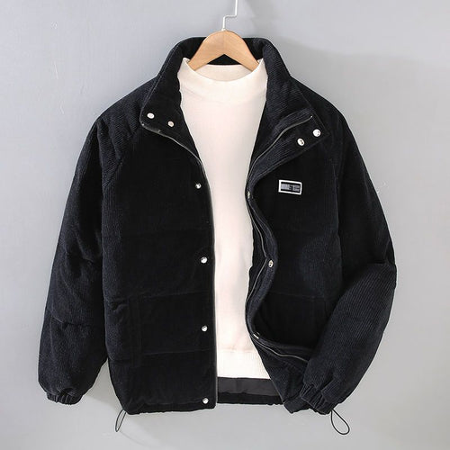 Men's black corduroy puffer jacket with stand collar, front view