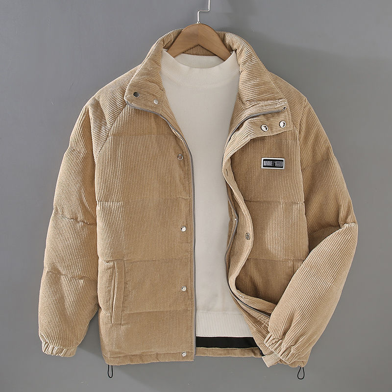 Men's khaki corduroy puffer jacket with stand collar, front view