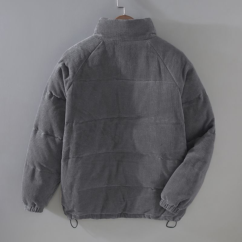 Men's gray corduroy puffer jacket, back view