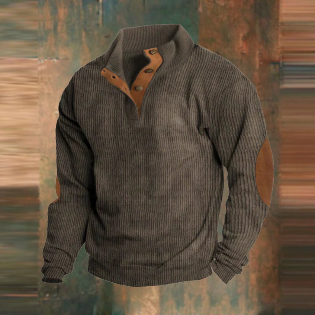 Brown ribbed button-neck pullover