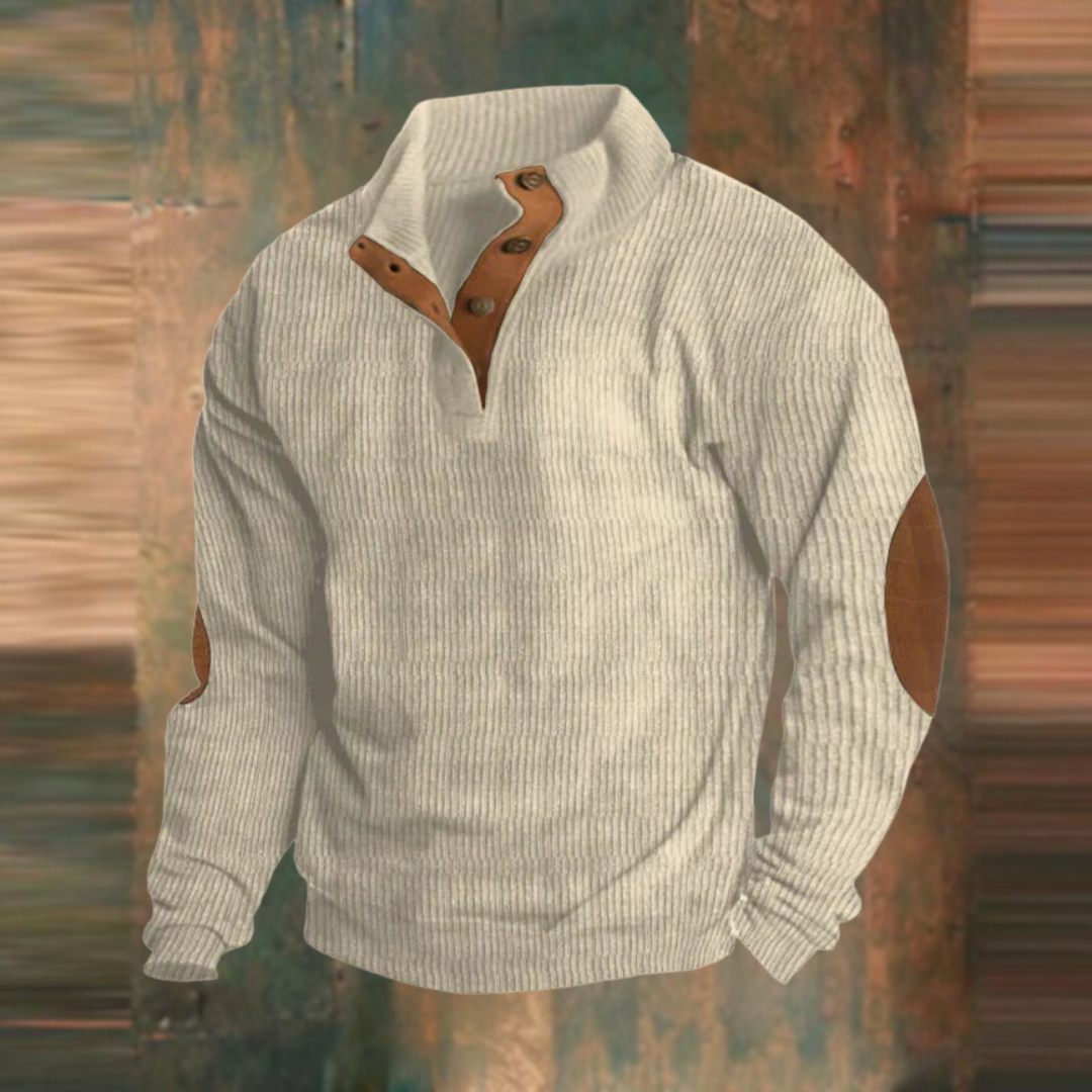 Beige ribbed button-neck pullover