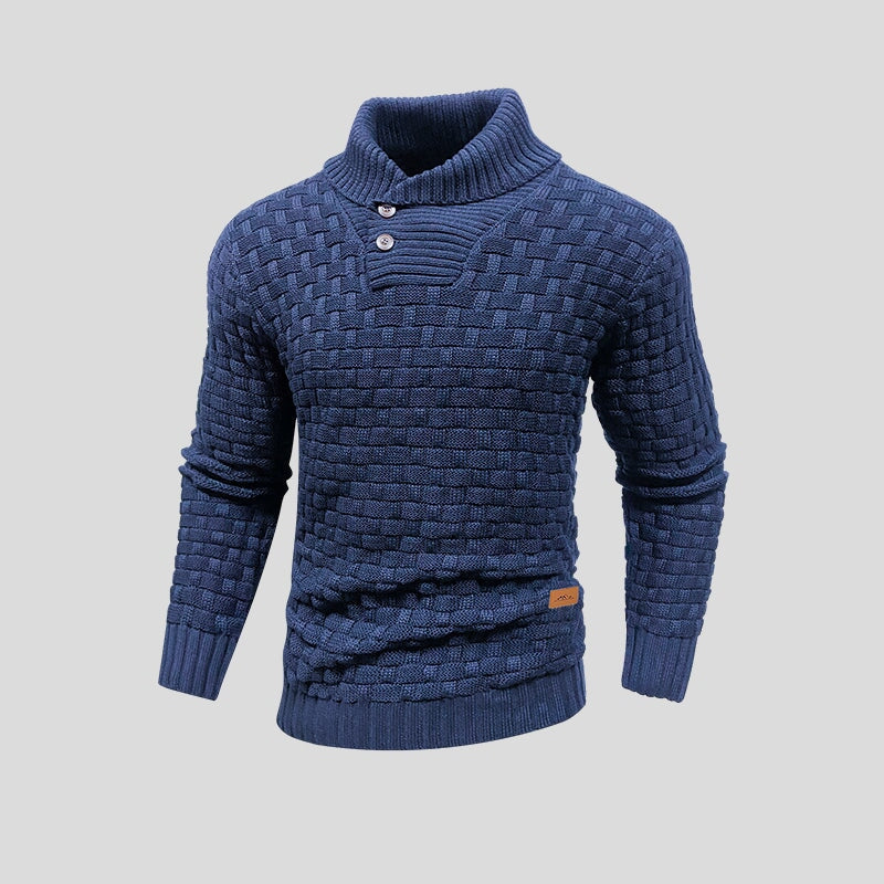 Blue basketweave shawl collar sweater