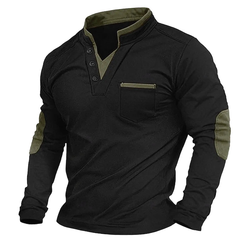 Black elbow-patch henley pullover with olive green collar, placket, pocket and elbow trim