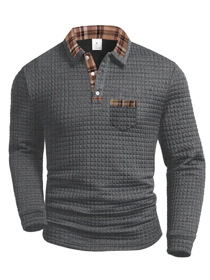 Gray plaid-collar long-sleeve polo