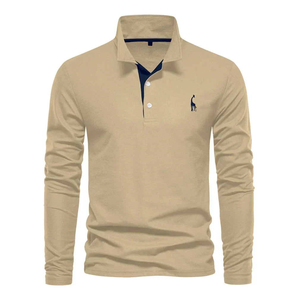 Khaki long-sleeve polo shirt with a navy contrast placket
