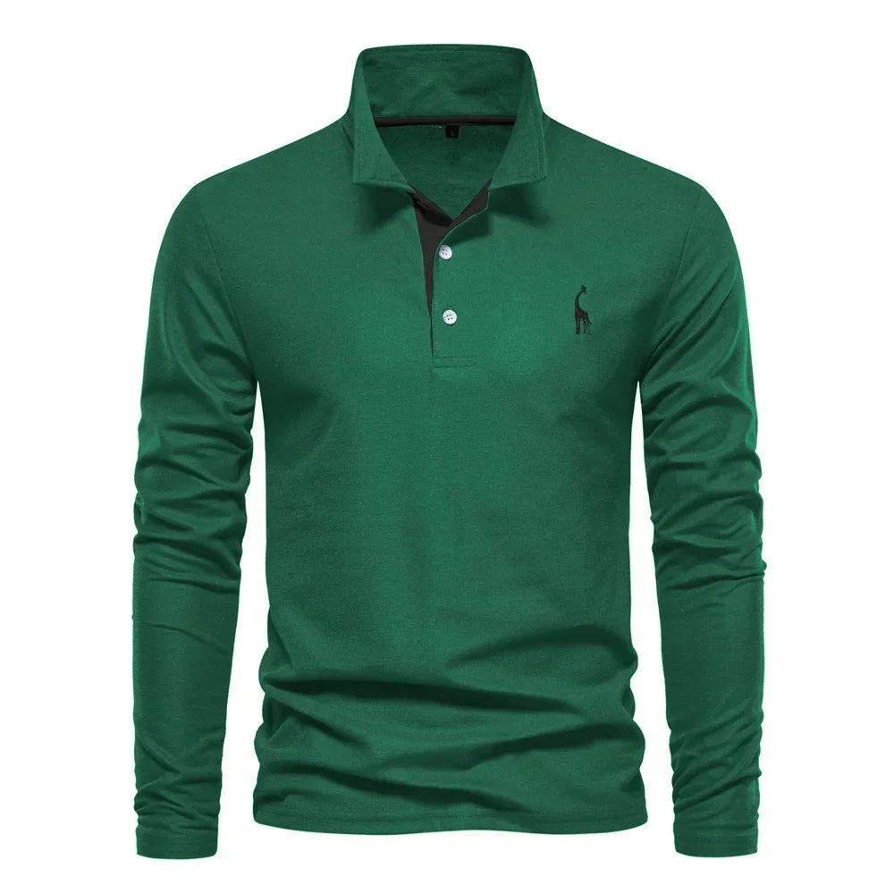 Green long-sleeve polo shirt with a black contrast placket