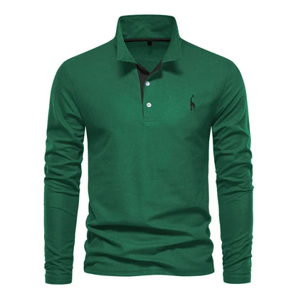Green long-sleeve polo shirt with a black contrast placket
