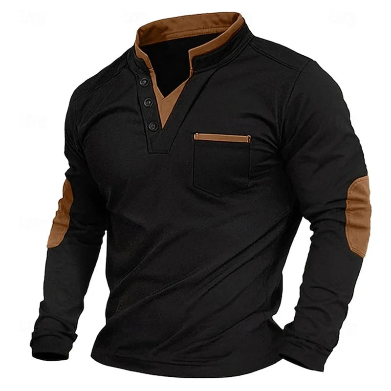 Black elbow-patch henley pullover with brown collar, placket, pocket and elbow trim