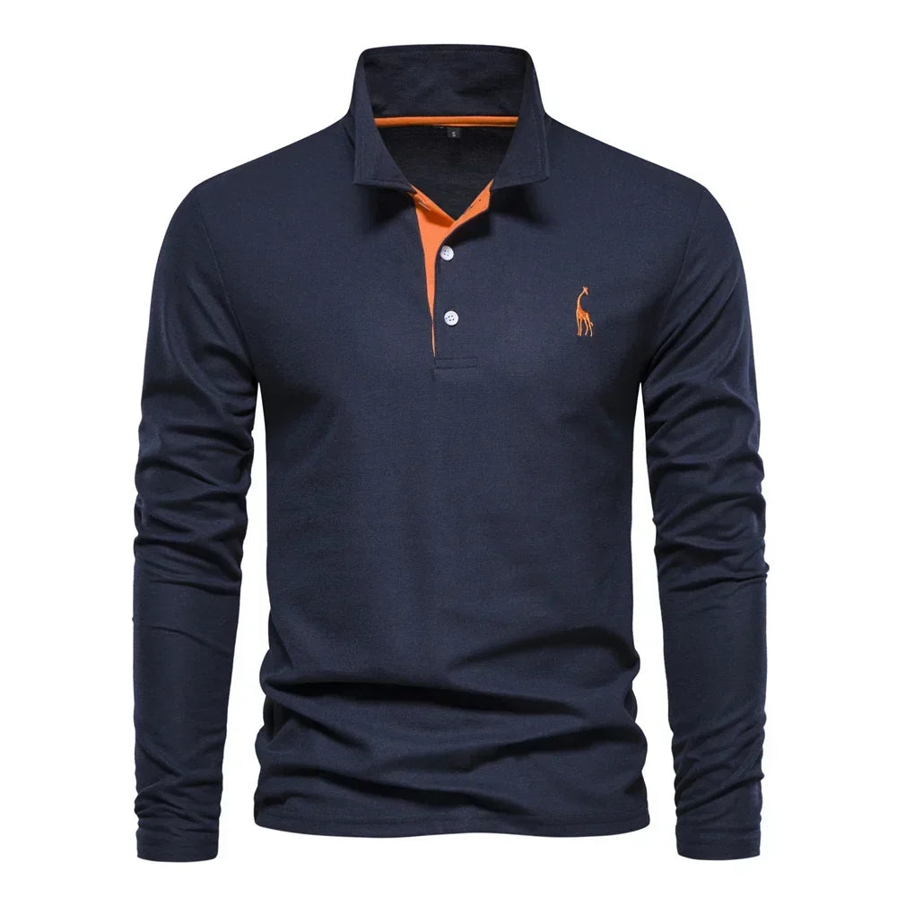 Navy blue long-sleeve polo shirt with an orange contrast placket