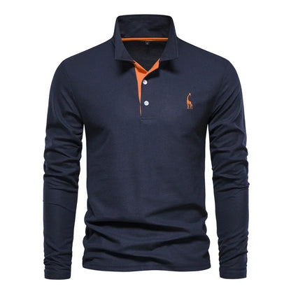 Navy blue long-sleeve polo shirt with an orange contrast placket