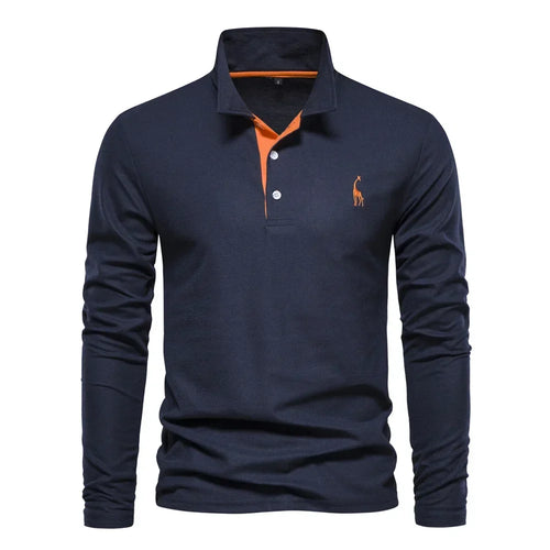 Navy blue long-sleeve polo shirt with an orange contrast placket