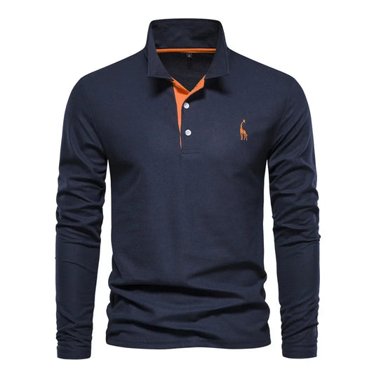 Navy blue long-sleeve polo shirt with an orange contrast placket