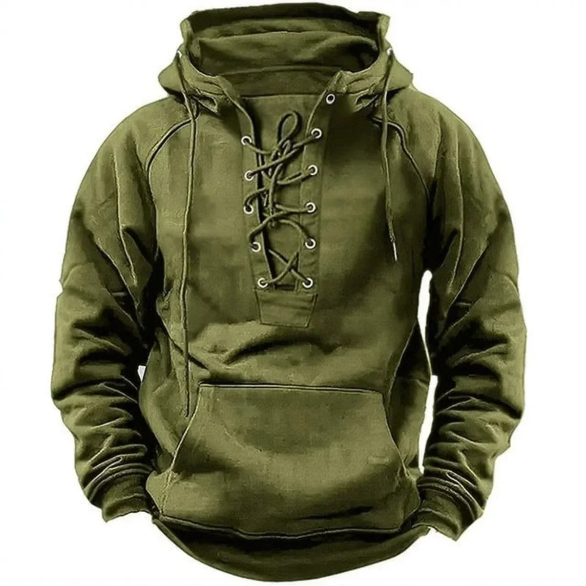 Green lace-up neck pullover hoodie