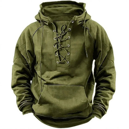 Green lace-up neck pullover hoodie