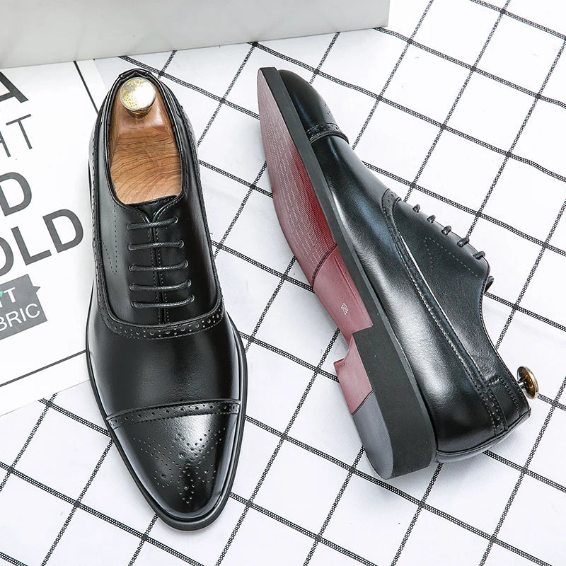 Black cap-toe brogue Oxford shoes with closed lacing, top and side view