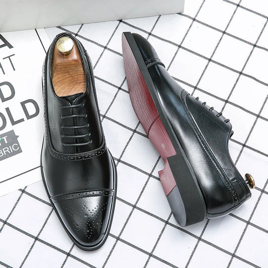 Black cap-toe brogue Oxford shoes with closed lacing, top and side view
