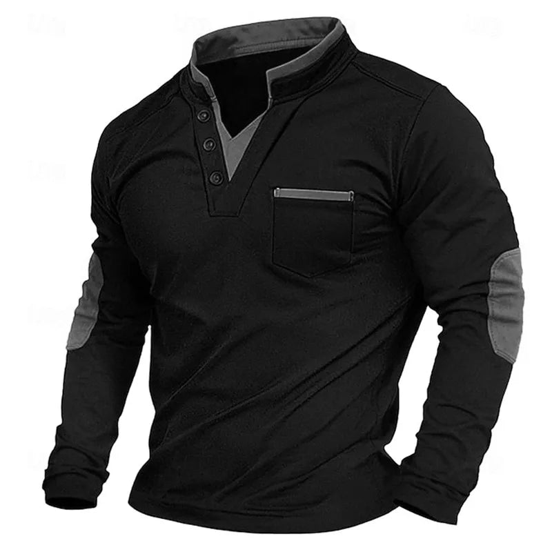 Black elbow-patch henley pullover with gray collar, placket, pocket and elbow trim