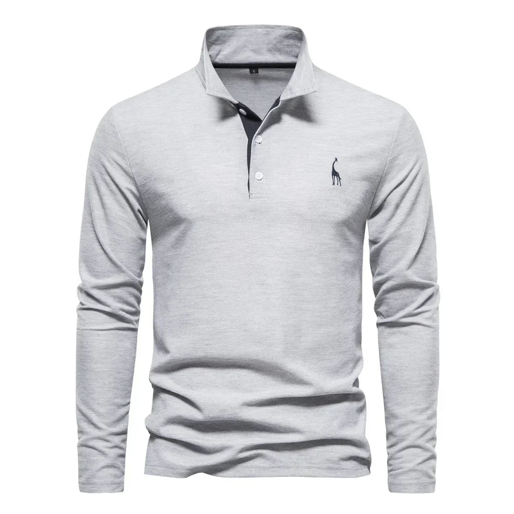 Gray long-sleeve polo shirt with a black contrast placket