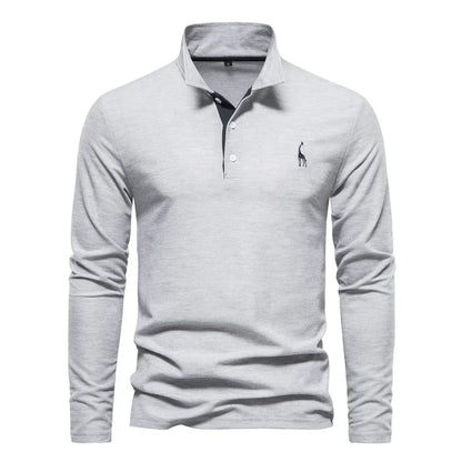 Gray long-sleeve polo shirt with a black contrast placket