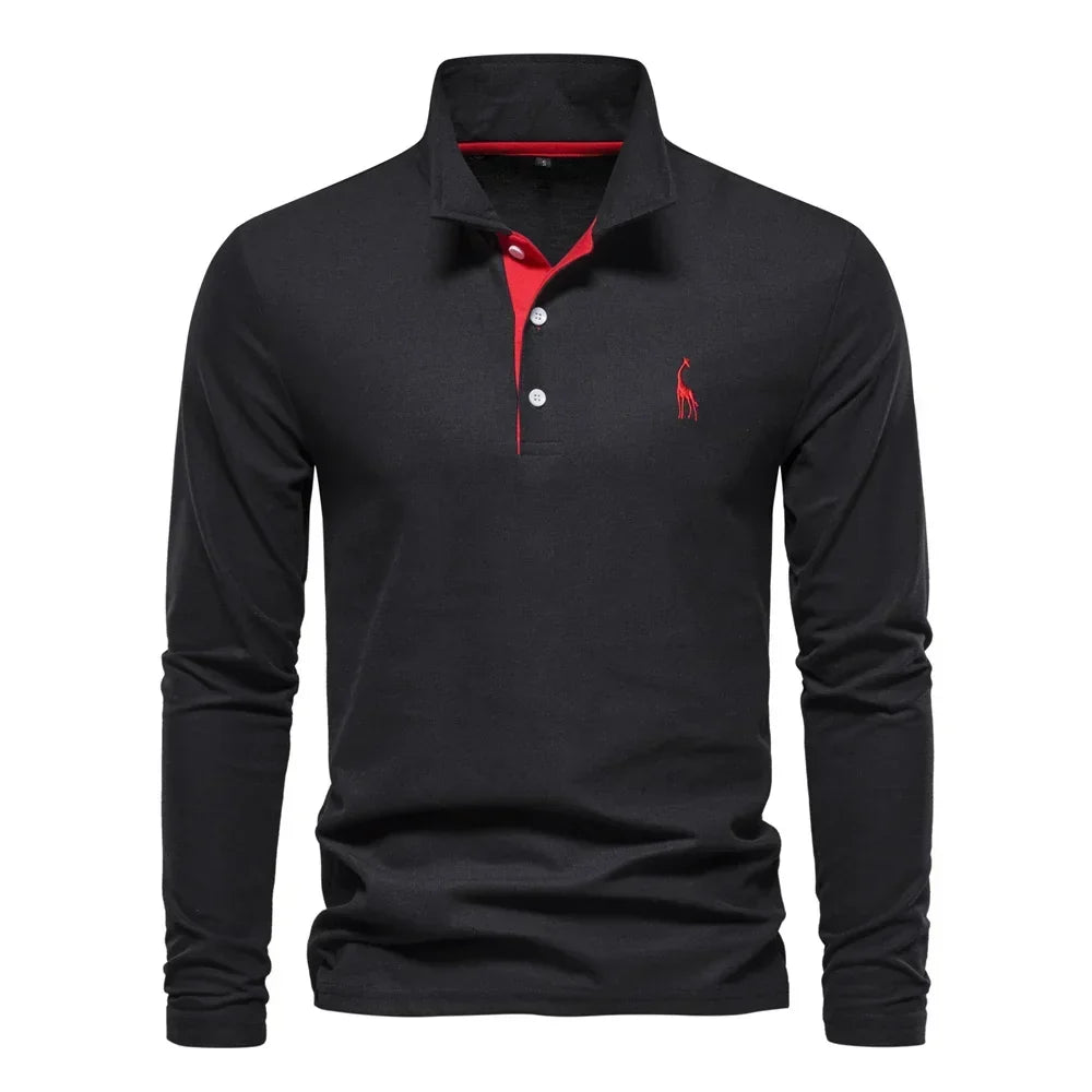 Black long-sleeve polo shirt with a red contrast placket