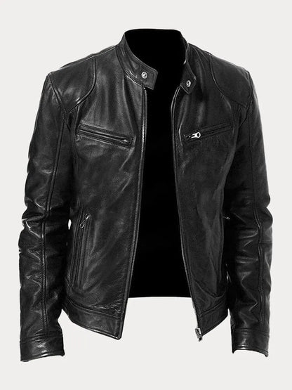 Black stand-collar cafe racer jacket