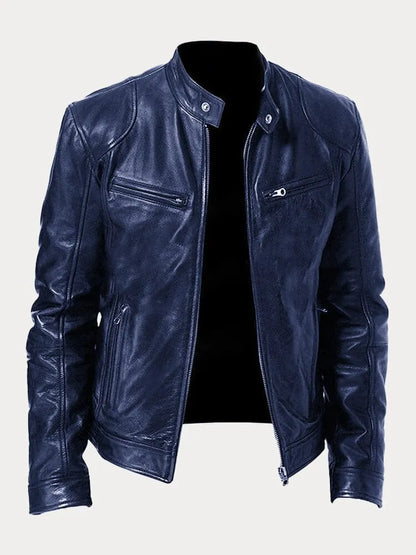 Navy blue stand-collar cafe racer jacket