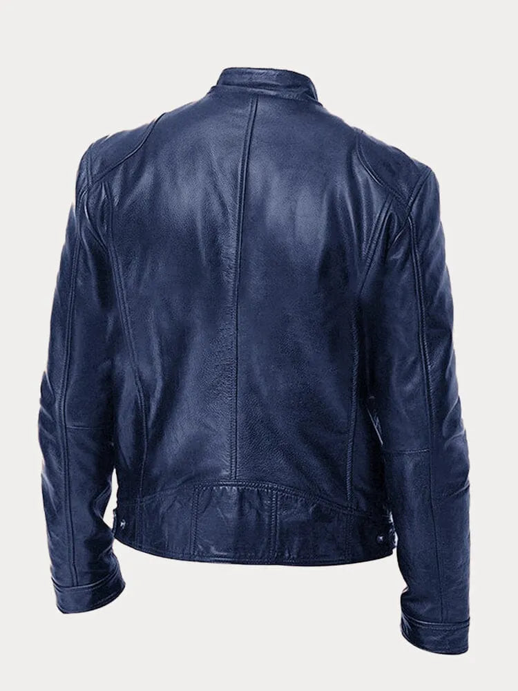 Back of the navy blue cafe racer jacket