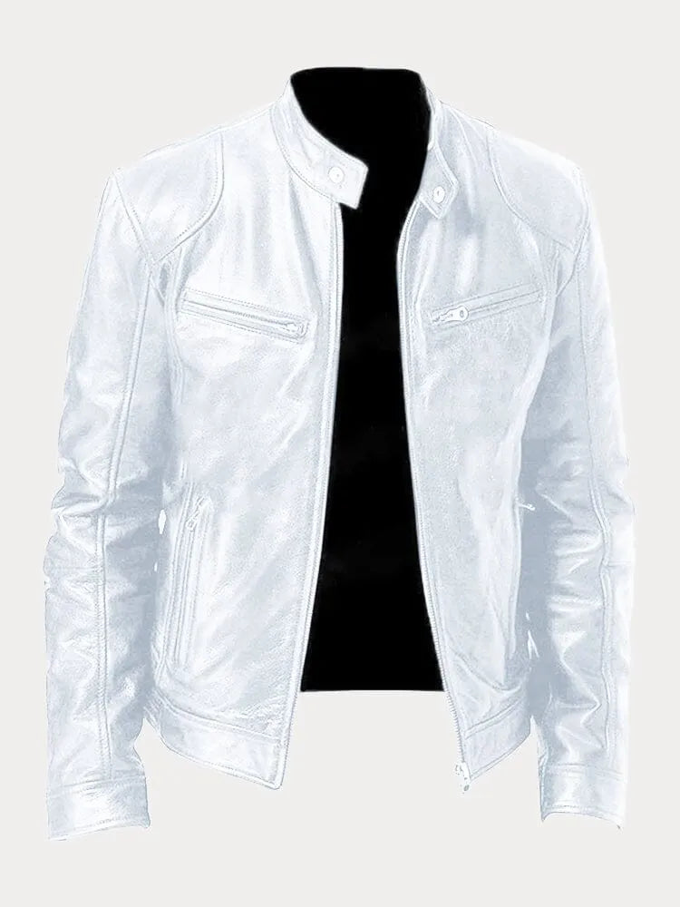 White stand-collar cafe racer jacket