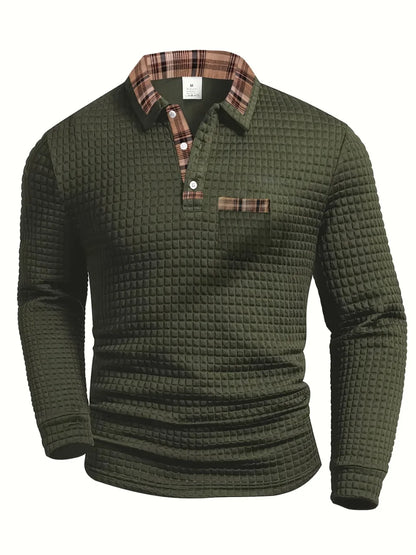 Military green plaid-collar long-sleeve polo