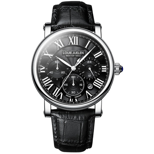 Roman numeral dress watch with black dial and black strap