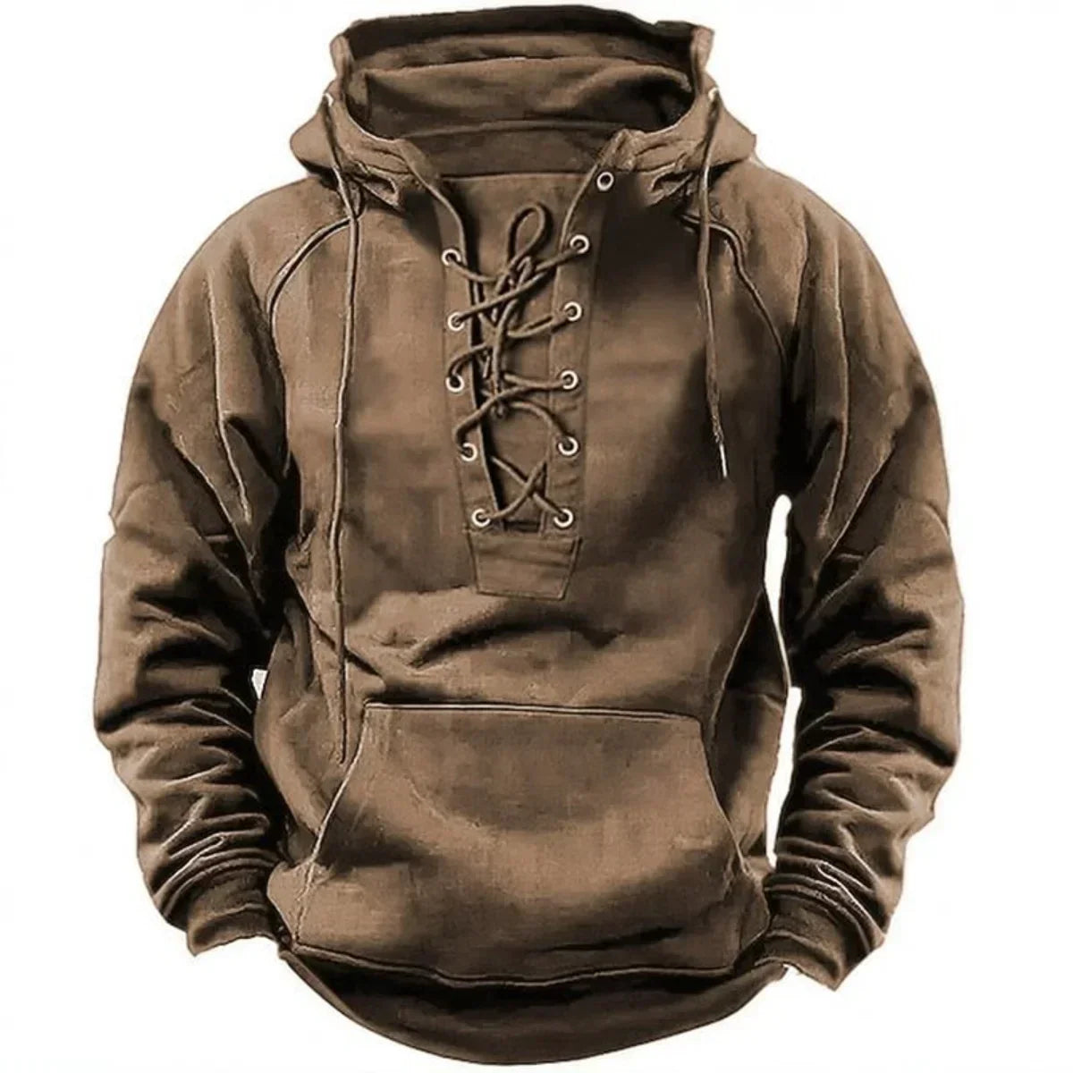 Khaki lace-up neck pullover hoodie