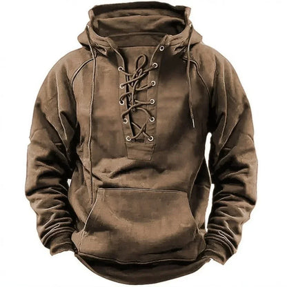 Khaki lace-up neck pullover hoodie