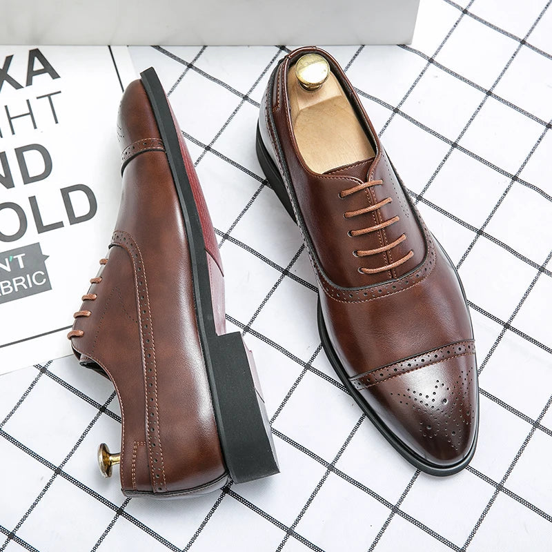 Brown cap-toe brogue Oxford shoes with closed lacing, top and side view
