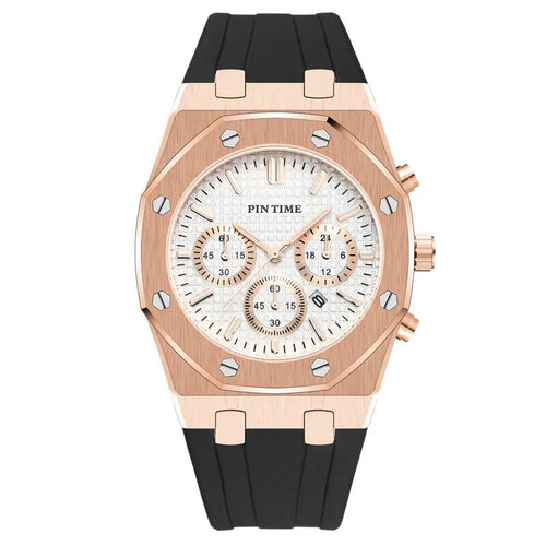 Rose gold octagonal rubber strap chronograph watch