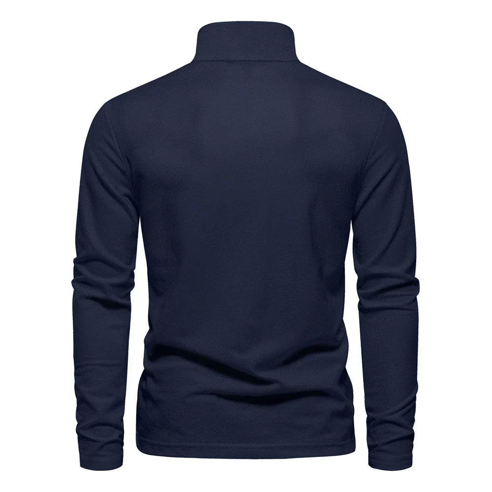 Back view of the navy blue long-sleeve polo shirt