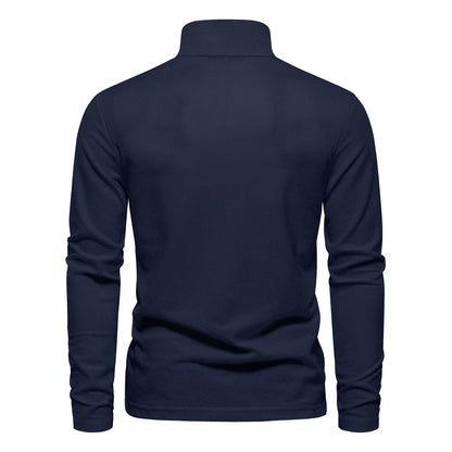 Back view of the navy blue long-sleeve polo shirt