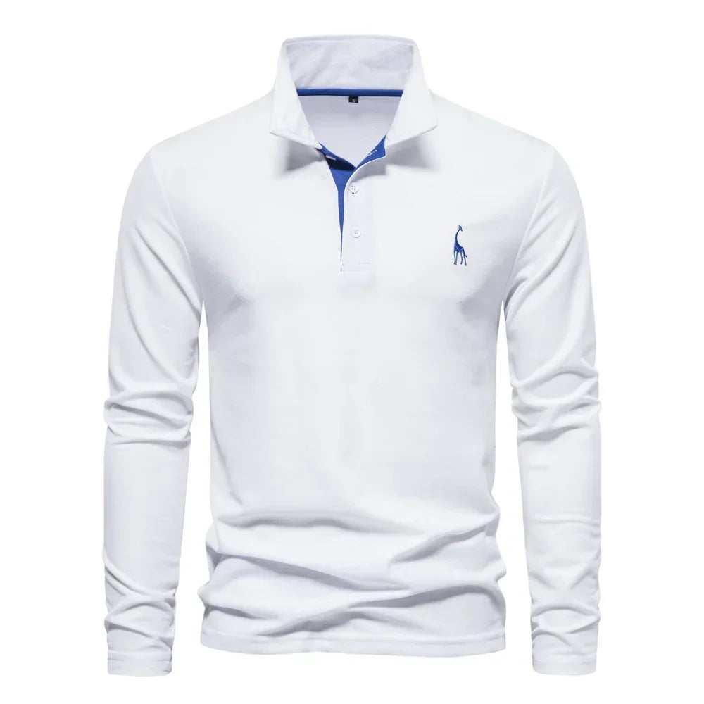 White long-sleeve polo shirt with a blue contrast placket