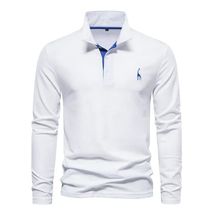 White long-sleeve polo shirt with a blue contrast placket