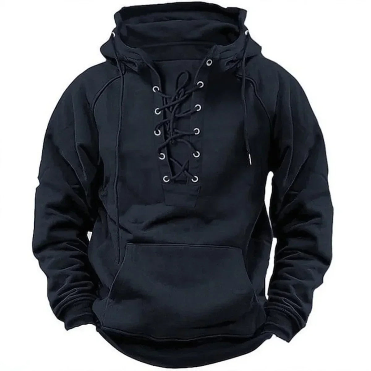Black lace-up neck pullover hoodie