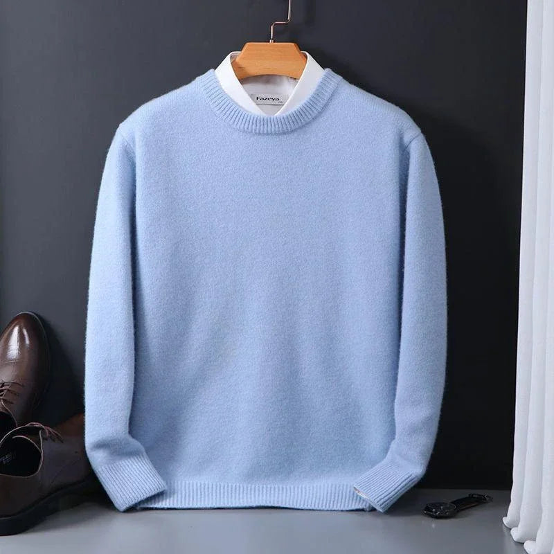 Light blue fine-knit crew neck sweater on a hanger