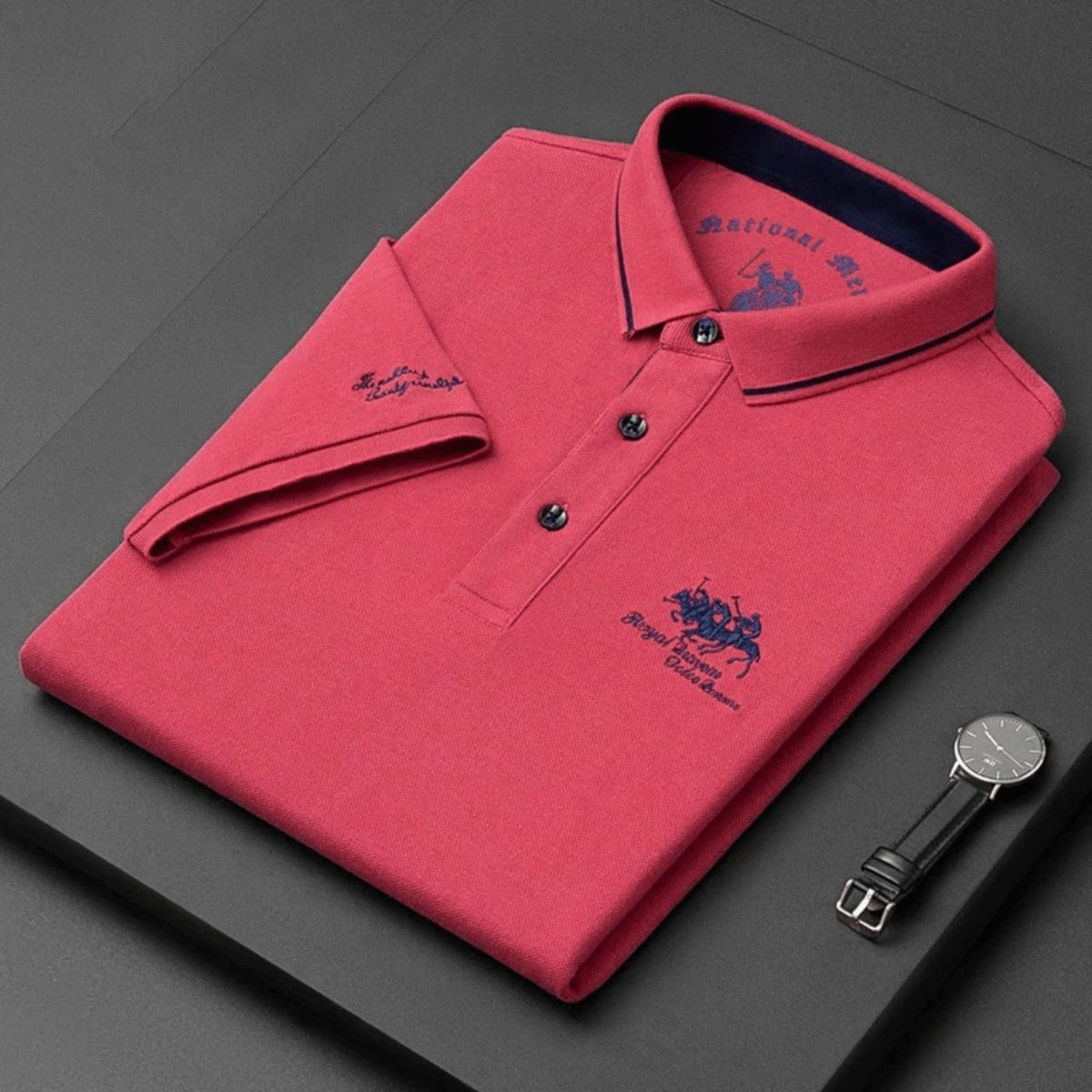 Red contrast collar polo shirt folded