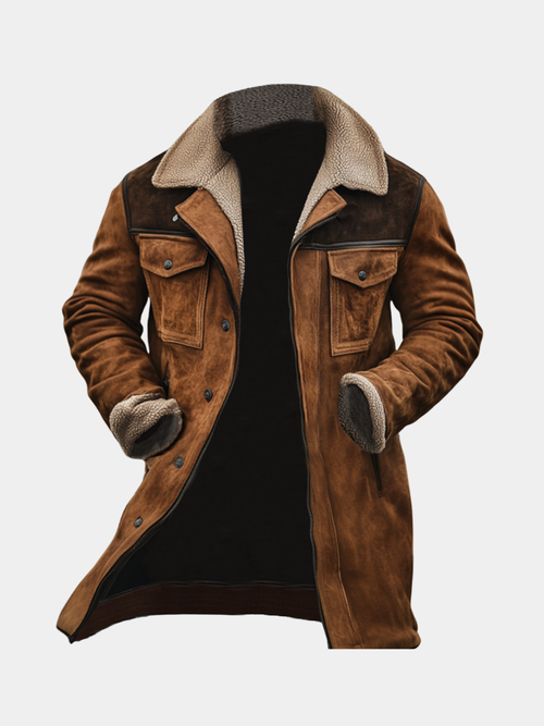 Brown sherpa-collar suede-finish coat with flap chest pockets, front view
