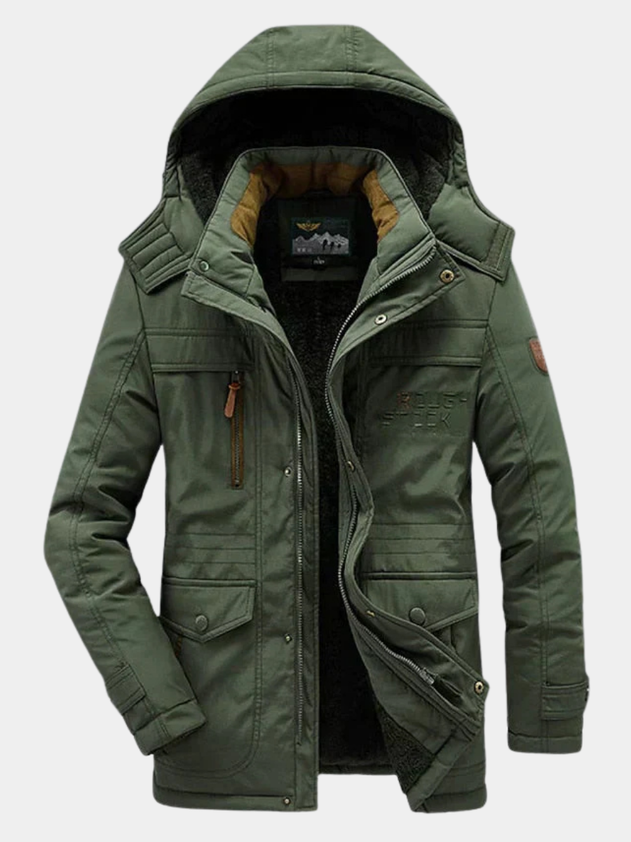 Green hooded fleece-lined parka on a white background
