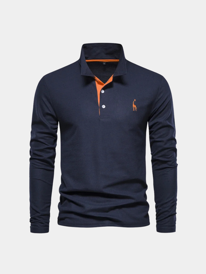 Navy blue long-sleeve polo shirt with an orange contrast placket, front view