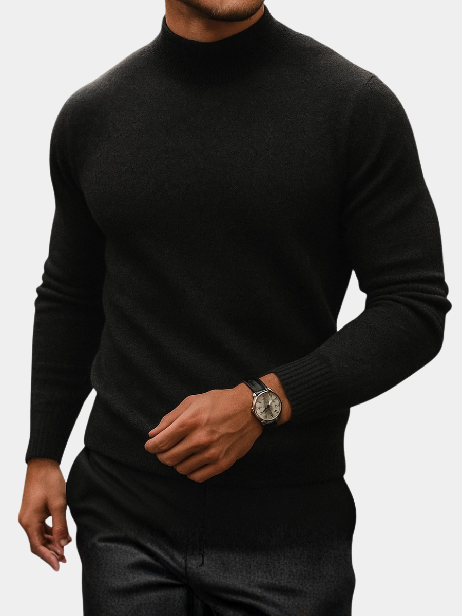 Black mock neck knit sweater, front view on a white background