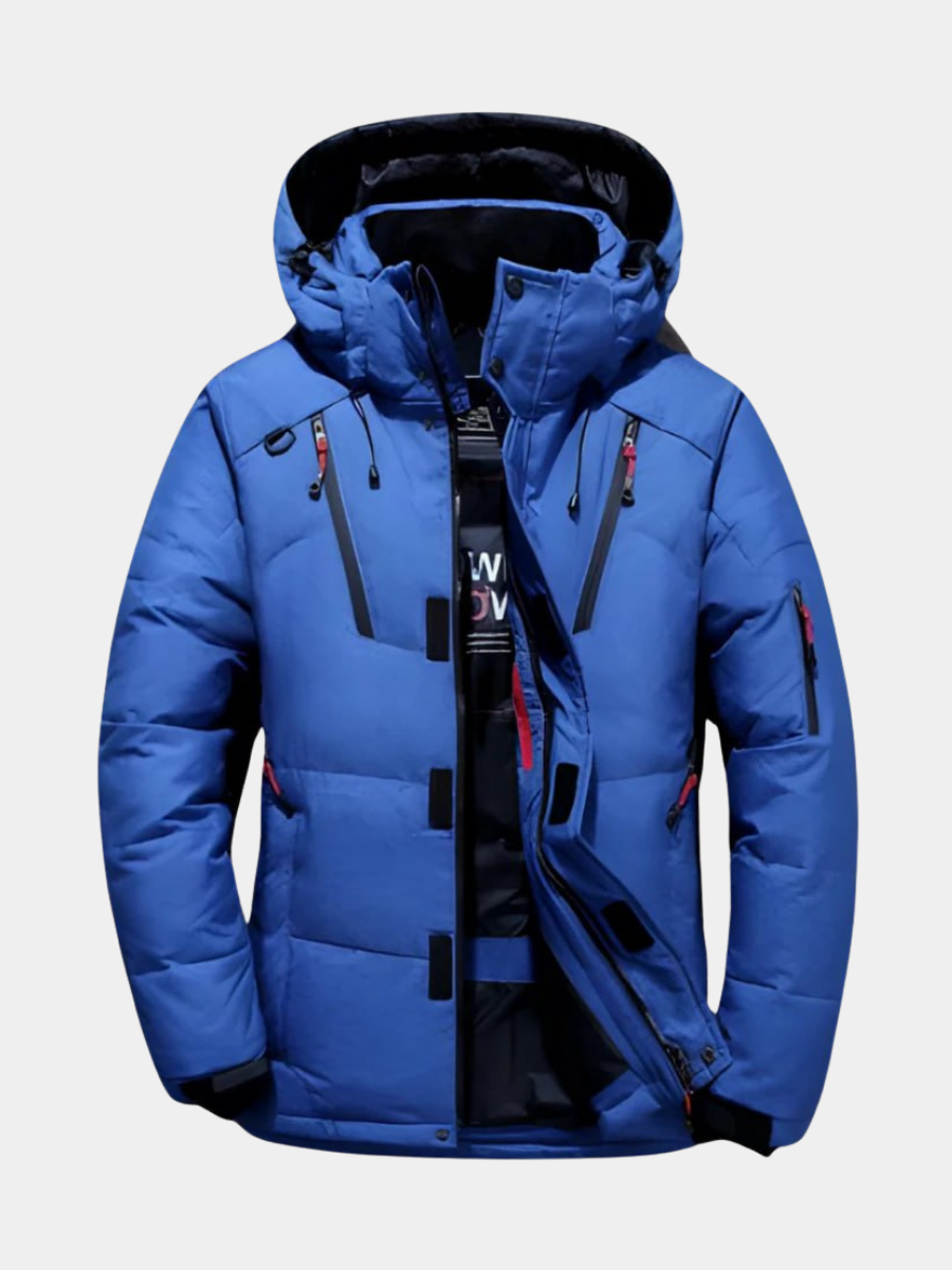 Blue hooded multi-pocket puffer jacket on a white background