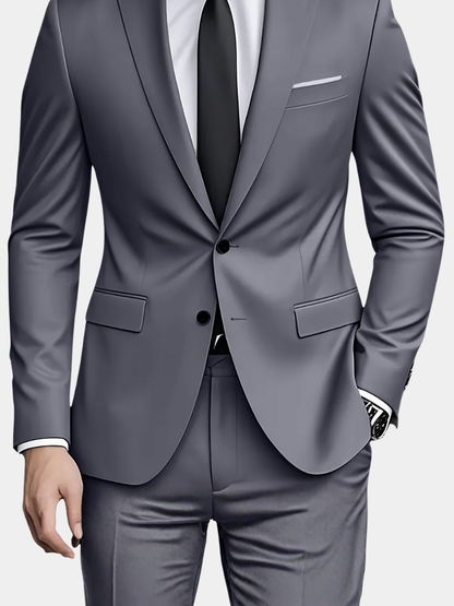 Gray slim fit two-button suit with notch lapels, front view