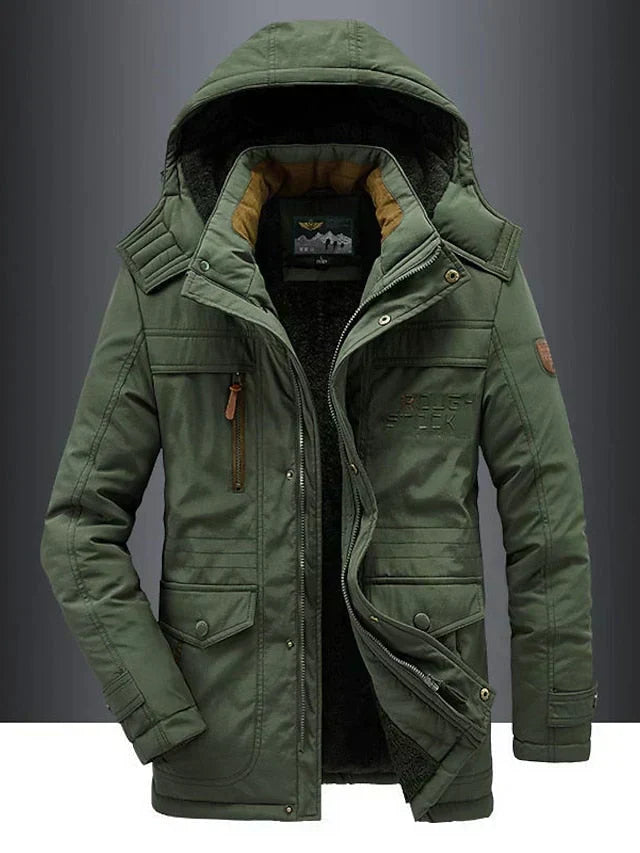 Green hooded fleece-lined parka, front view