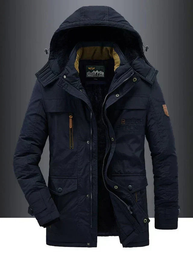 Blue hooded fleece-lined parka, front view